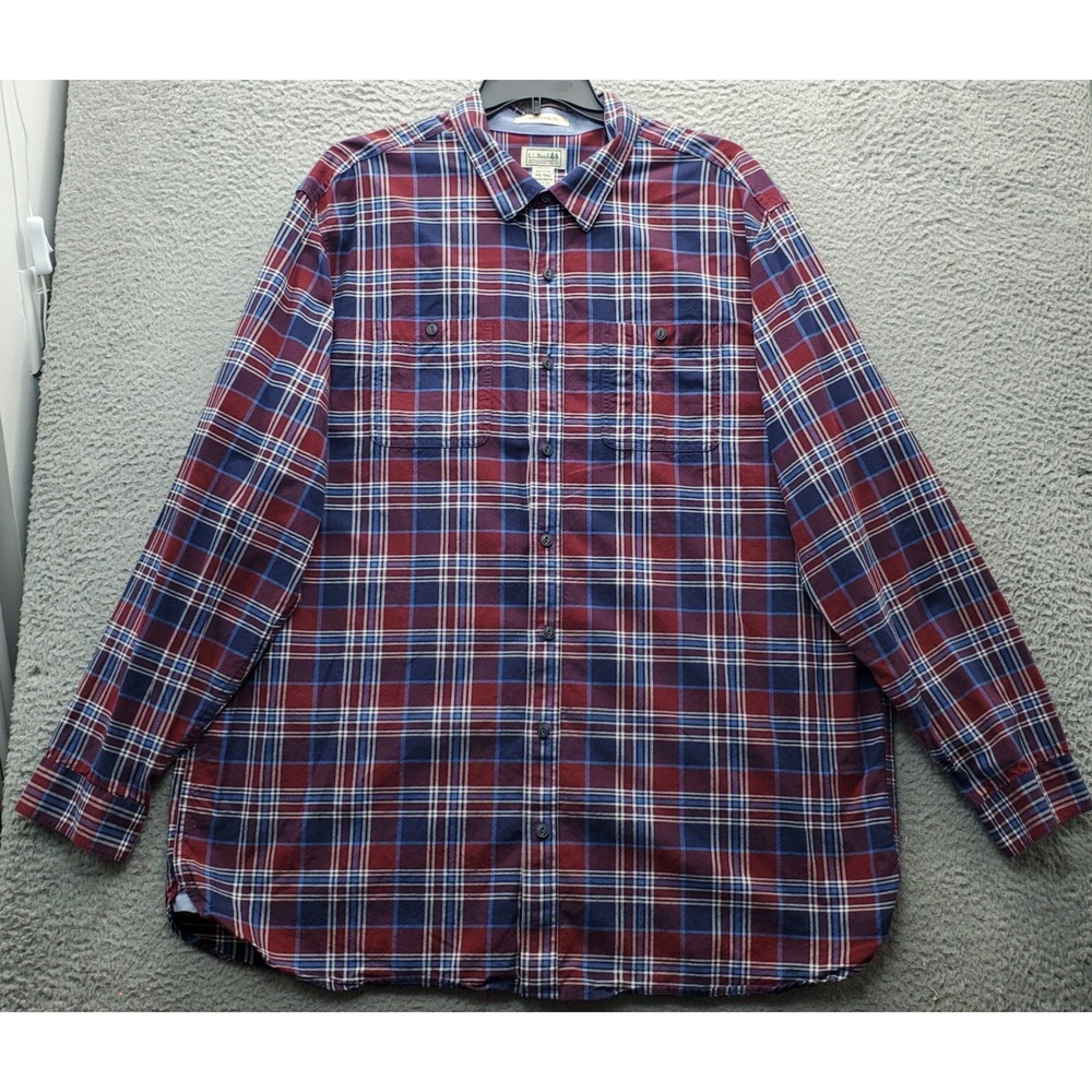 L.L. Bean Shirt Men XXL Tall Multi Plaid Traditional Fit Detail Pocket Button Up